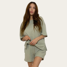 Load image into Gallery viewer, soft 2 piece set shorts shirt ribbed olive shop rayaline fashion outfit old comfortable lounge
